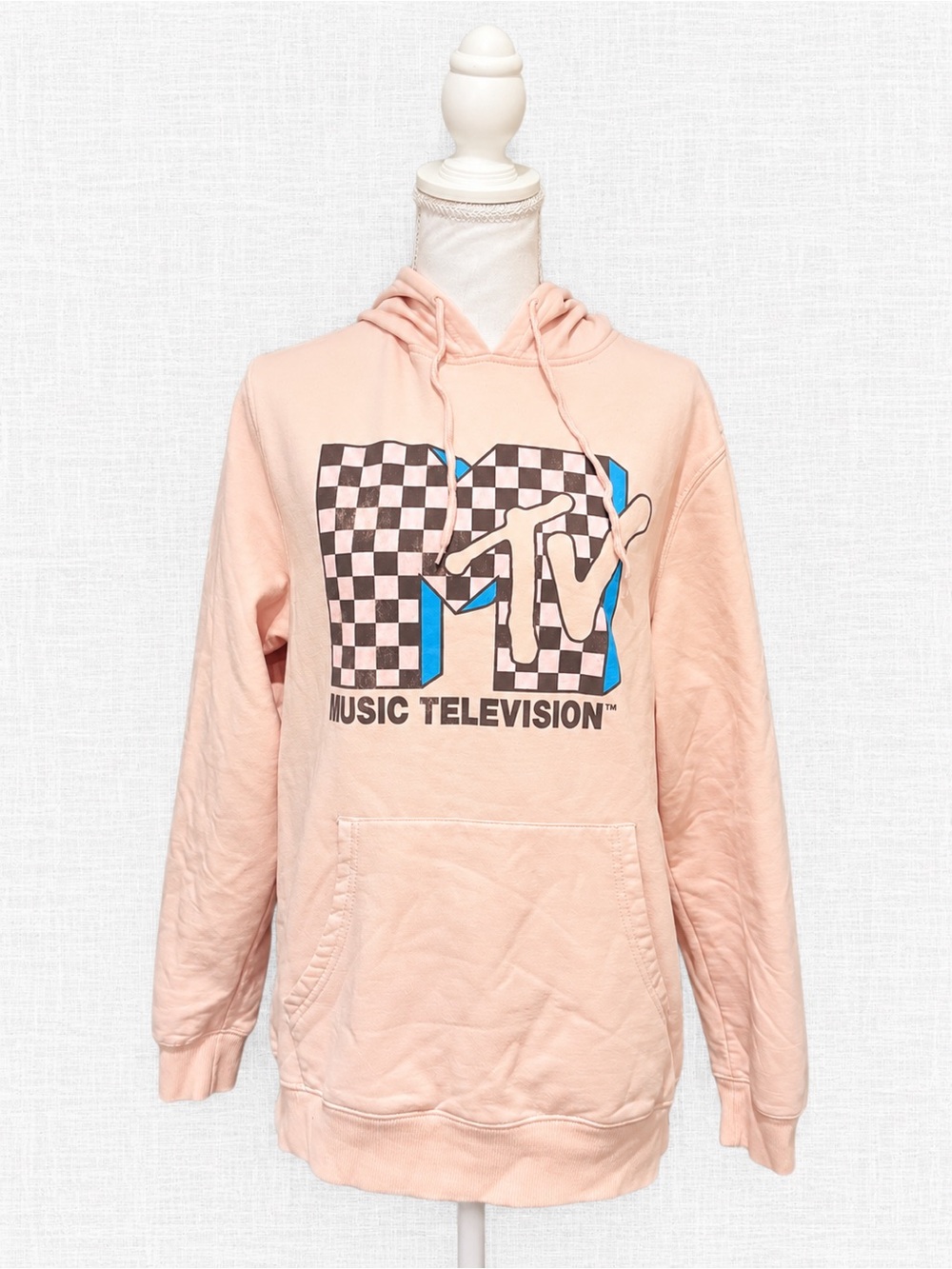 Old Navy MTV Music Television Pink Checkerboard Graphic Hoodie Size L
